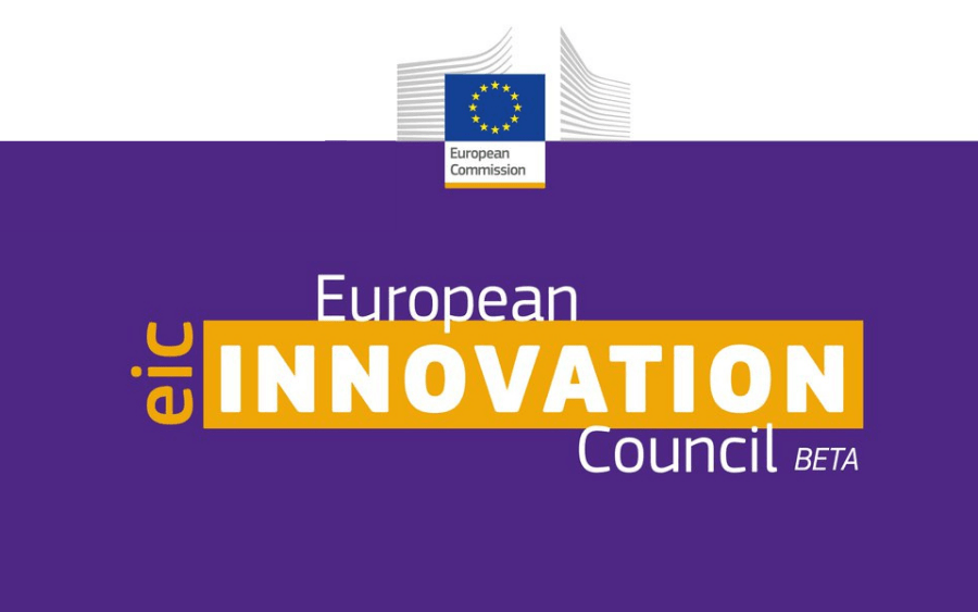 Light grey and purple bacrgtound with the EU logo on top and the thext "EIC European Innovation Council beta"
