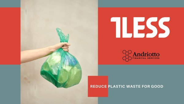 left side: picture of a hand holding a transparent light green garbage bag with food containers inside; right side: text "1Less, reduce plastic waste for good"