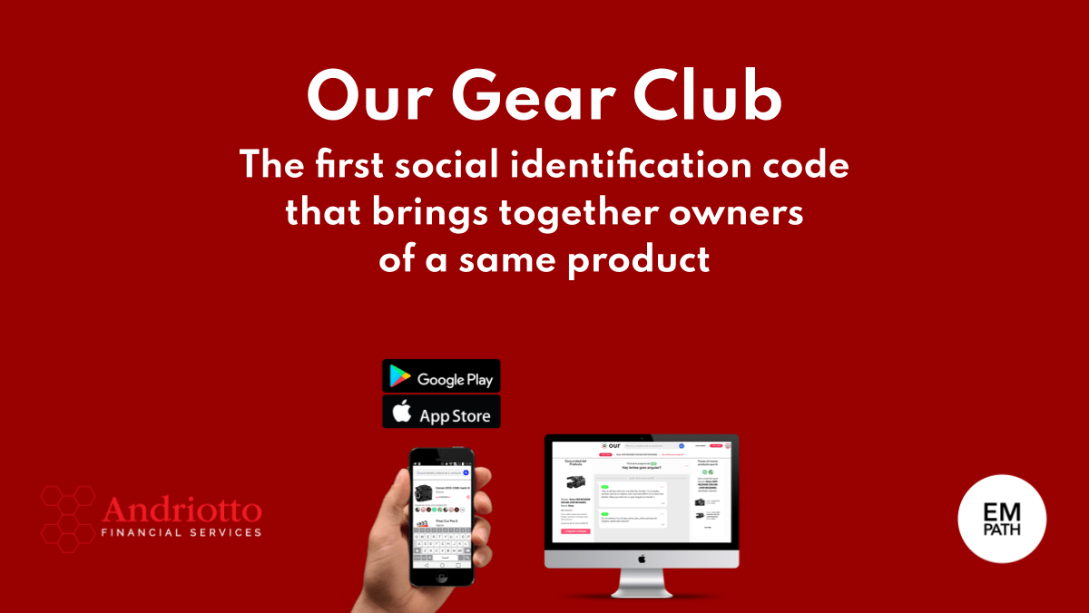 red background with the sentence "Our Gear Club: the first social identification code that brings together owners of a same product"