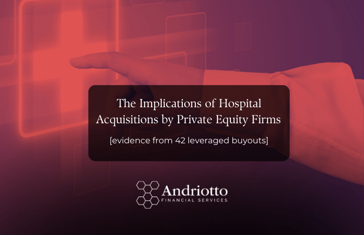 A red background with the title of the article "Hospital Acquisitions by Private Equity Firms"