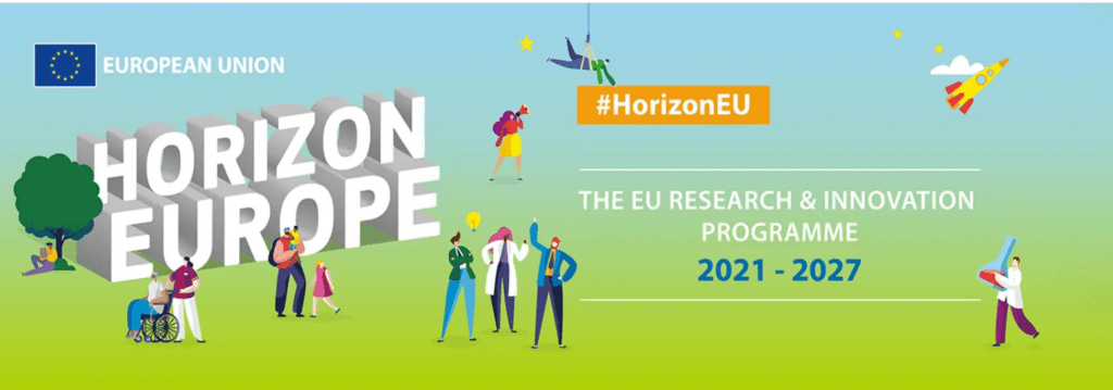 light blue and green background with drawings of people gathering and the text "The EU Research Programme 2021-2027" and "#HorizonEU"