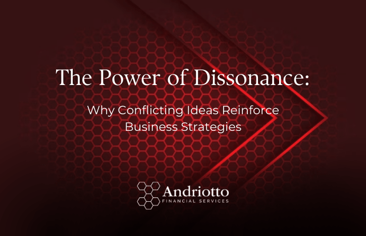 red background with title "the power of dissonance: why conflicting ideas reinforce business strategies"
