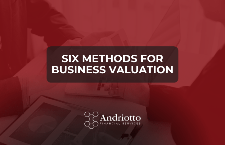 red background with the title: "six methods for business valuation"