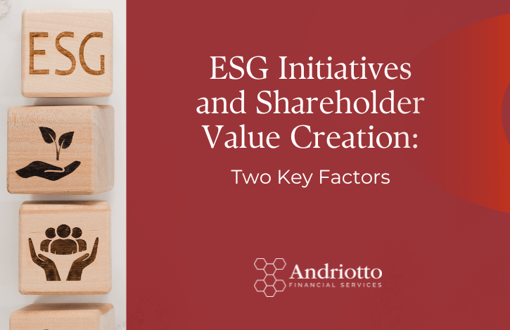 red background with the title: "ESG Initiatives and Shareholder Value Creation: Two Key Factors" and picture with of three squares. One with the letters ESG, one with a hand holding a small plant, and one with two hands holding a group of people.
