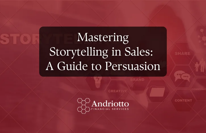 red background with post title: "Mastering Storytelling in Sales: A Guide to Persuasion"