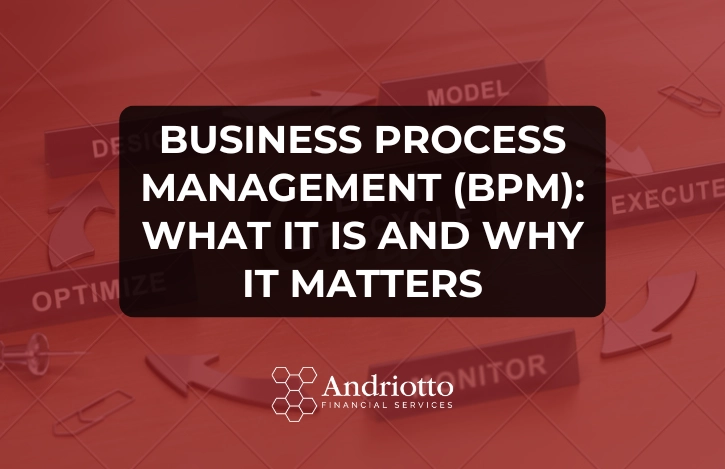 red background with a picture of the BPM cycle (design, model, execute, monitor, optimise) behind it and post title: "Business Process Management (BPM): What It Is and Why It Matters"