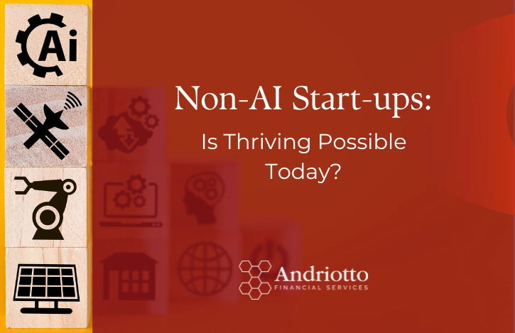 picture of technologies (AI, satelite, machinery, solar grid) and red background with article title: "Non-AI Start-ups: Is Thriving Possible Today?"