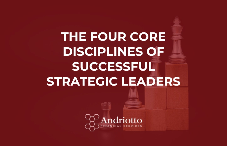 Picture of four chess pieces on a podium with red background and article title" "The Four Core Disciplines of Successful Strategic Leaders"