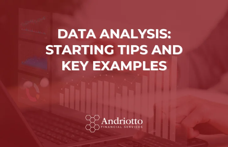 Red foreground with charts and a laptop on the background and article title: "Data analysis: Starting Tips and Key Examples"