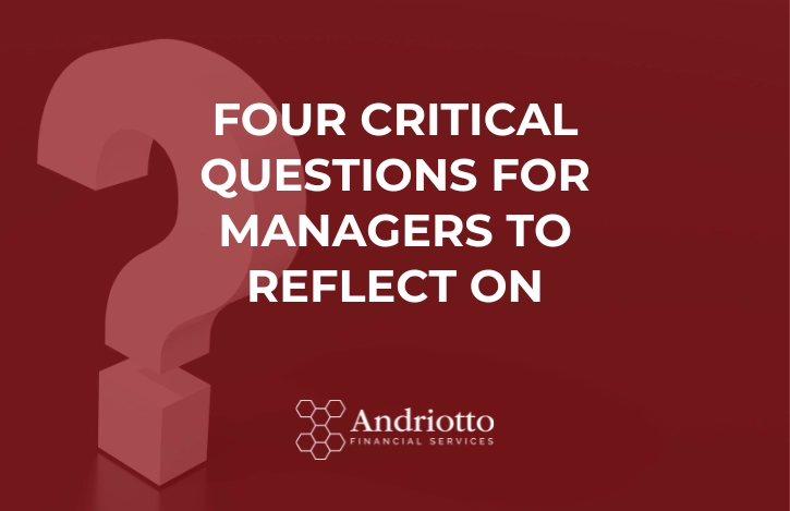 Picture of a large mark on a red background with the article title in the foreground: "Four Critical Questions for Managers to Reflect On"