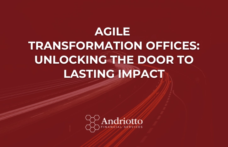 In the background of the image, lights of fast cars in a tunnel. The image features a red overlay with the article title: "Agile Transformation Offices: Unlocking the Door to Lasting Impact".