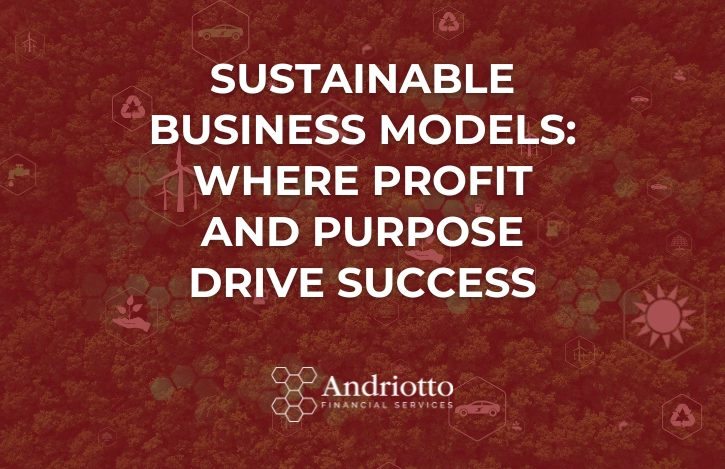 Picture of a florest seen from above in the background and article title in a red foreground: "Sustainable Business Models: Where Profit and Purpose Drive Success" Sustainable Business Models: Where Profit and Purpose Drive Success