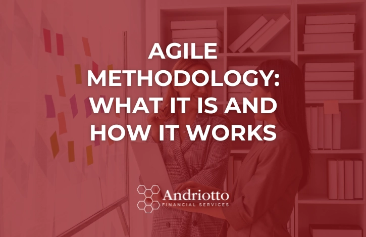 Two women holding a laptop facing a board with notes and the article title in the foreground "Agile Methodology: What It Is and How It Works"