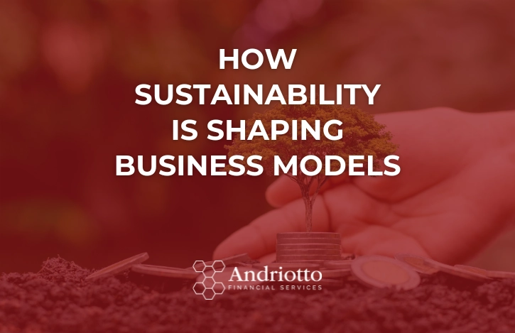 image of a human hand holding a holding a tree seedling surrounded by coins and title of the article in a red foreground "How Sustainability is Shaping Business Models"